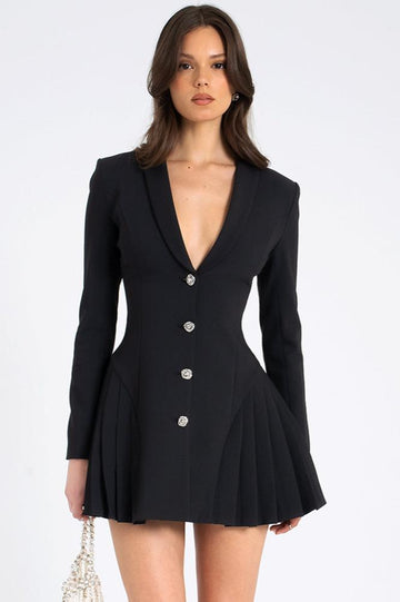 Woochic robe blazer col en V cintrée plissée simple boutonnage noir S